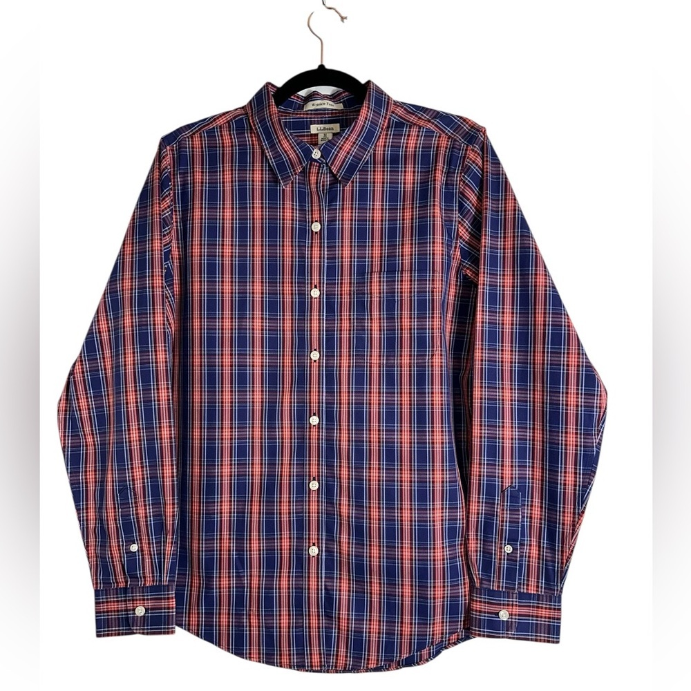 L.L.Bean Top Women's Medium Navy Stewart Plaid Wrinkly Free Oxford Shirt